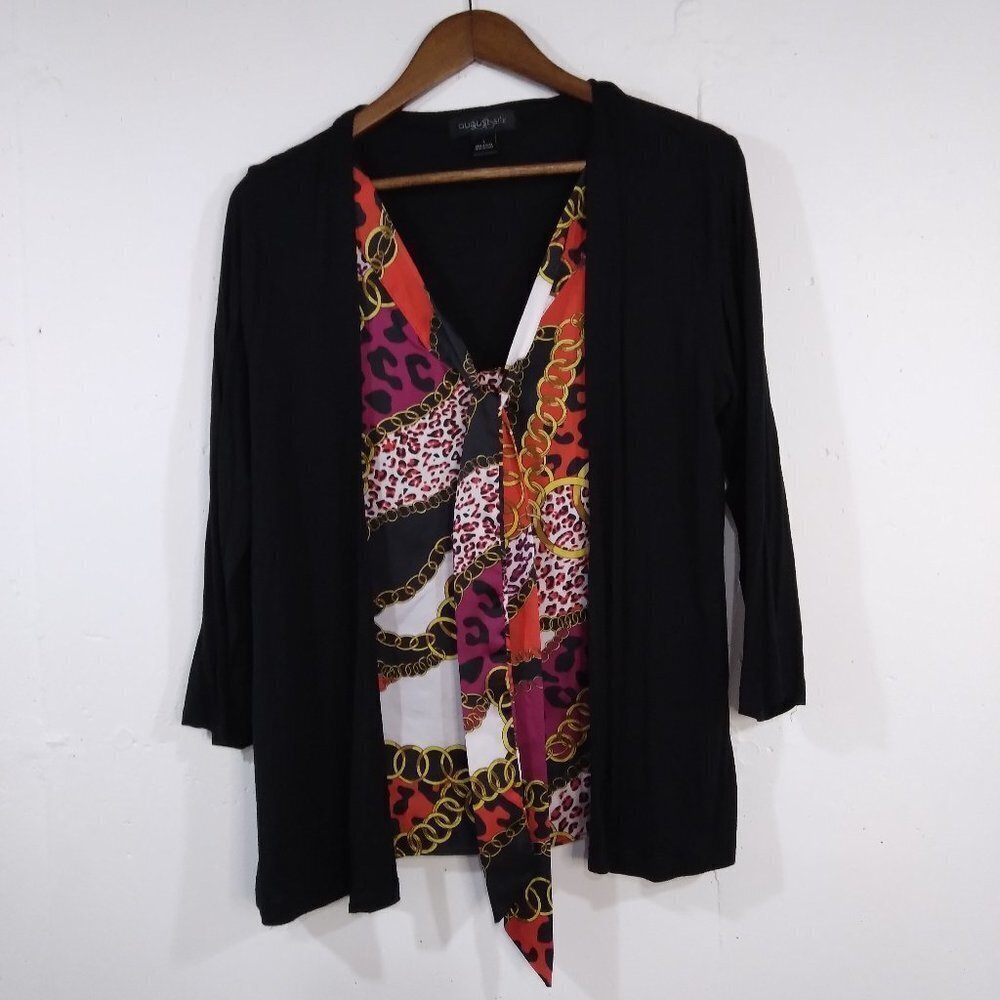 August Silk Women Chain Print Tie Neck‎  Blouse Cardigan Long Sleeve Size Large